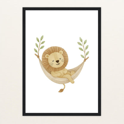 Leo der Löwe - Motiv: "Hängematte" Poster mit Holzrahmen von tinylearner