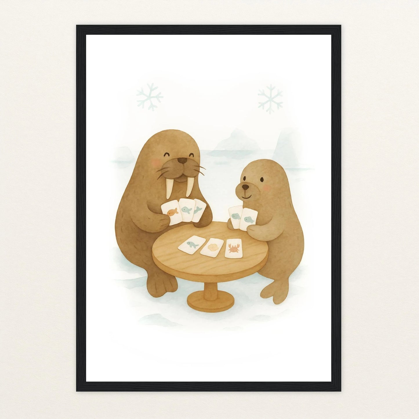 Wally das Walross - Motiv: "Kartenspiel" Poster mit Holzrahmen von tinylearner