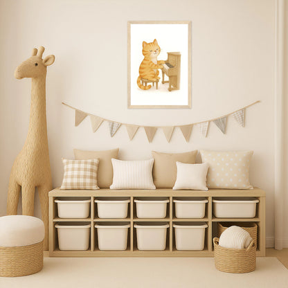 Kira die Katze - Motiv: "Klavier" Poster mit Holzrahmen von tinylearner