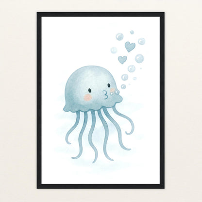 Quinn die Qualle - Motiv: "Luftblasen" Poster mit Holzrahmen von tinylearner