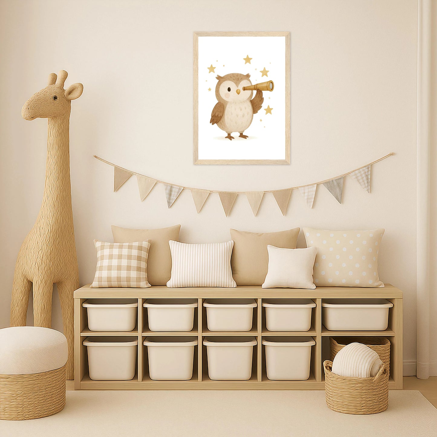 Emmi die Eule - Motiv: "Fernglas" Poster mit Holzrahmen von tinylearner