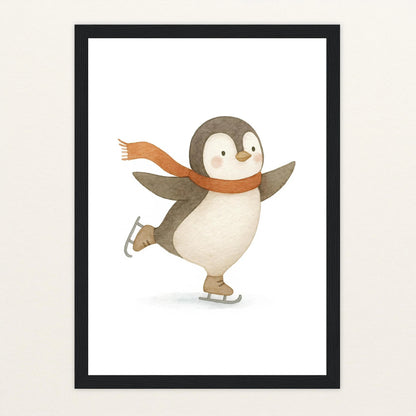Pia der Pinguin - Motiv: "Eislaufen" Poster mit Holzrahmen von tinylearner