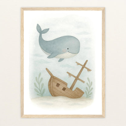 Willi der Wal - Motiv: "Schiffswrack" Poster mit Holzrahmen von tinylearner