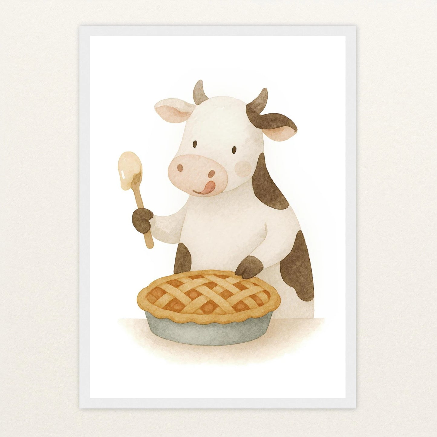 Klara die Kuh - Motiv: "Kuchen" Poster mit Holzrahmen von tinylearner