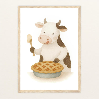 Klara die Kuh - Motiv: "Kuchen" Poster mit Holzrahmen von tinylearner
