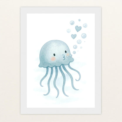 Quinn die Qualle - Motiv: "Luftblasen" Poster mit Holzrahmen von tinylearner