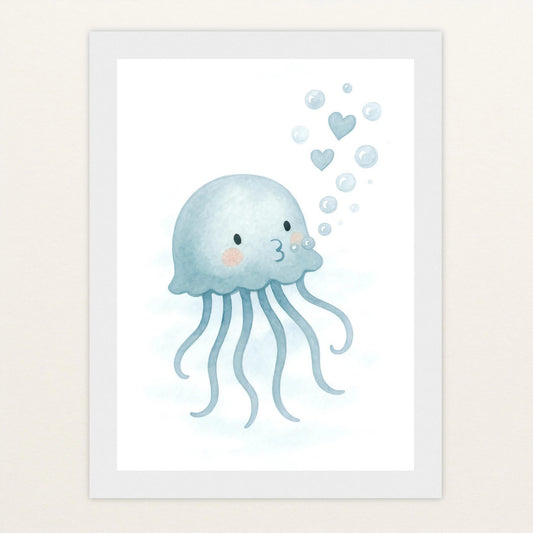 Quinn die Qualle - Motiv: "Luftblasen" Poster mit Holzrahmen von tinylearner