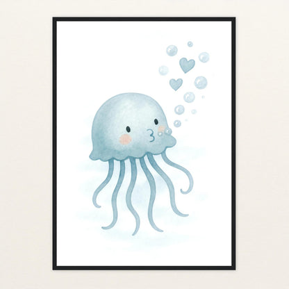 Quinn die Qualle - Motiv: "Luftblasen" Poster mit Holzrahmen von tinylearner