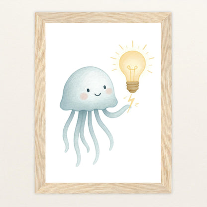 Quinn die Qualle - Motiv: "Glühbirne" Poster mit Holzrahmen von tinylearner