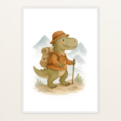 Dinosaurier T-Rex - Motiv: "Wandern" Poster mit Holzrahmen von tinylearner