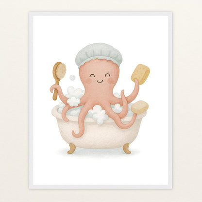Tilli der Tintenfisch - Motiv: "Baden" Poster mit Holzrahmen von tinylearner