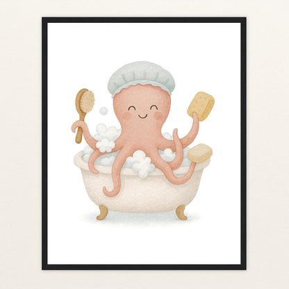 Tilli der Tintenfisch - Motiv: "Baden" Poster mit Holzrahmen von tinylearner