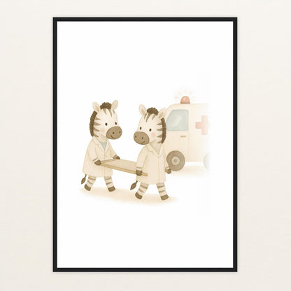 Zinni das Zebra - Motiv: "Krankenwagen" Poster mit Holzrahmen von tinylearner
