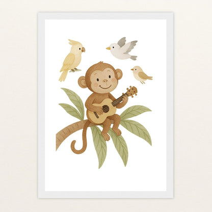 Aki der Affe - Motiv: "Ukulele" Poster mit Holzrahmen von tinylearner