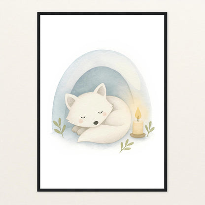 Pino der Polarfuchs - Motiv: "Schneehöhle" Poster mit Holzrahmen von tinylearner