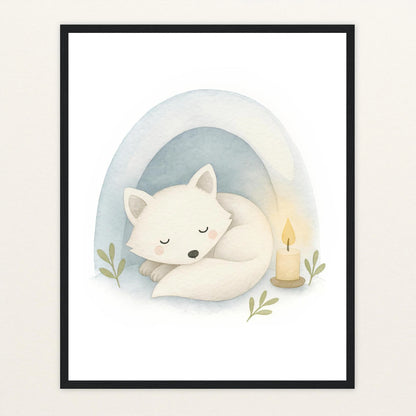 Pino der Polarfuchs - Motiv: "Schneehöhle" Poster mit Holzrahmen von tinylearner