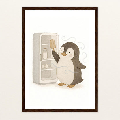 Pia der Pinguin - Motiv: "Eis" Poster mit Holzrahmen von tinylearner