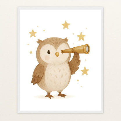 Emmi die Eule - Motiv: "Fernglas" Poster mit Holzrahmen von tinylearner