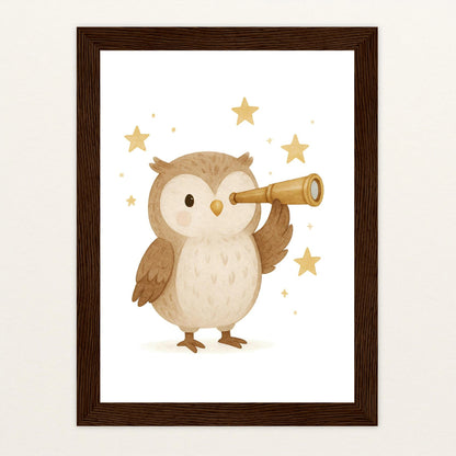 Emmi die Eule - Motiv: "Fernglas" Poster mit Holzrahmen von tinylearner