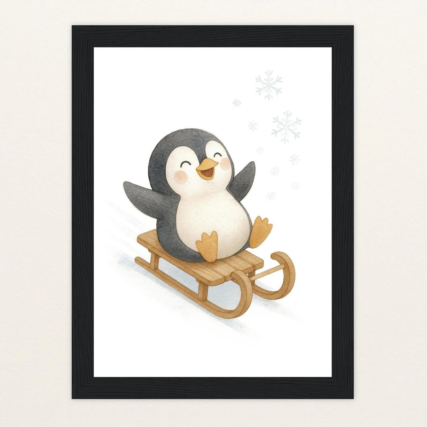Pia der Pinguin - Motiv: "Schlitten" Poster mit Holzrahmen von tinylearner