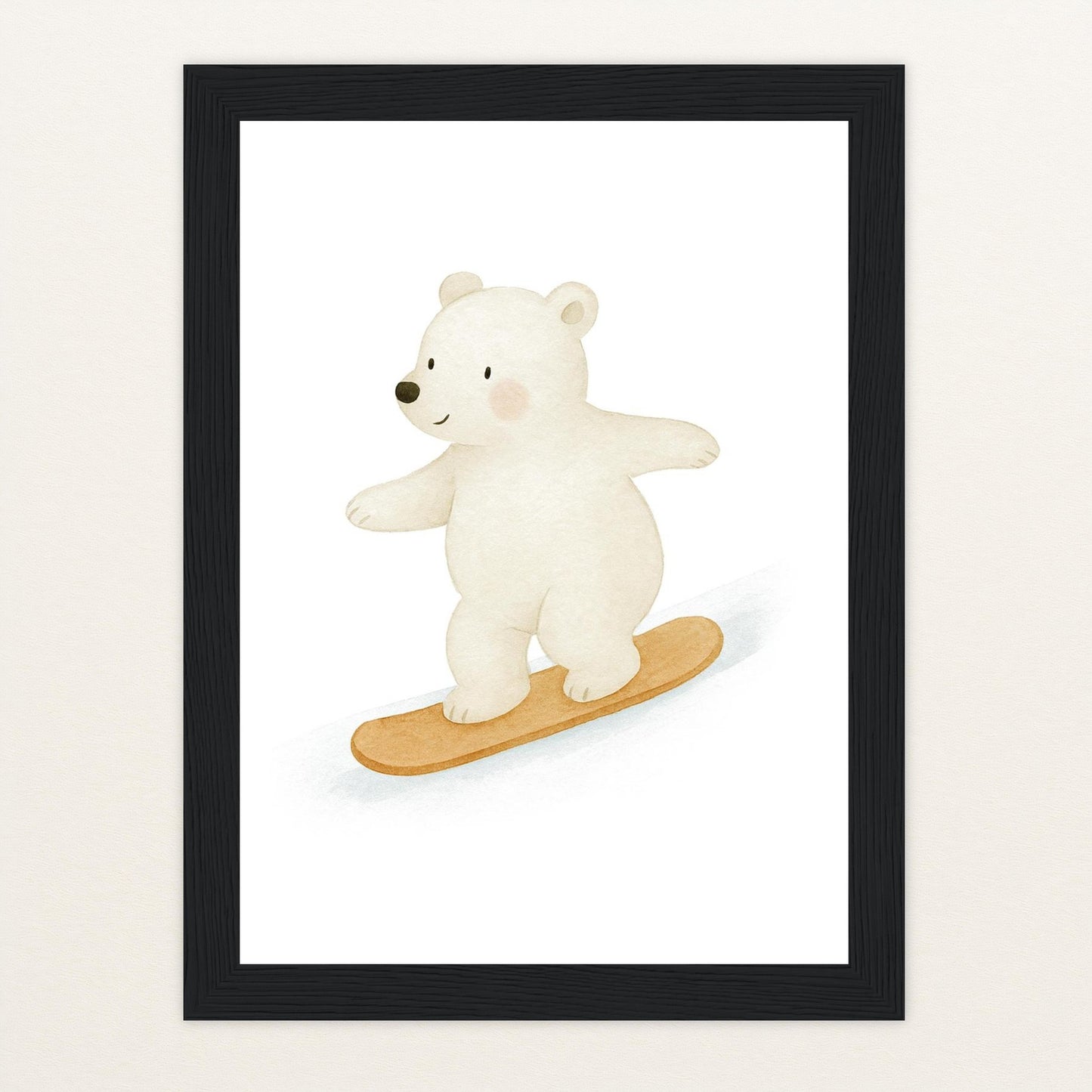 Pummel der Polarbär - Motiv: "Snowboard" Poster mit Holzrahmen von tinylearner