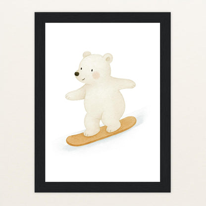 Pummel der Polarbär - Motiv: "Snowboard" Poster mit Holzrahmen von tinylearner