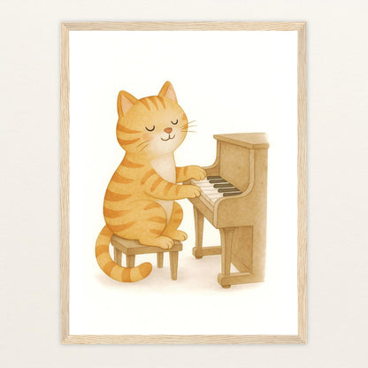 Kira die Katze - Motiv: "Klavier" Poster mit Holzrahmen von tinylearner