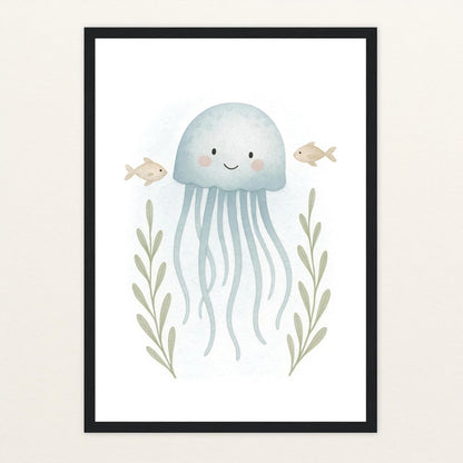 Quinn die Qualle Poster mit Holzrahmen von tinylearner