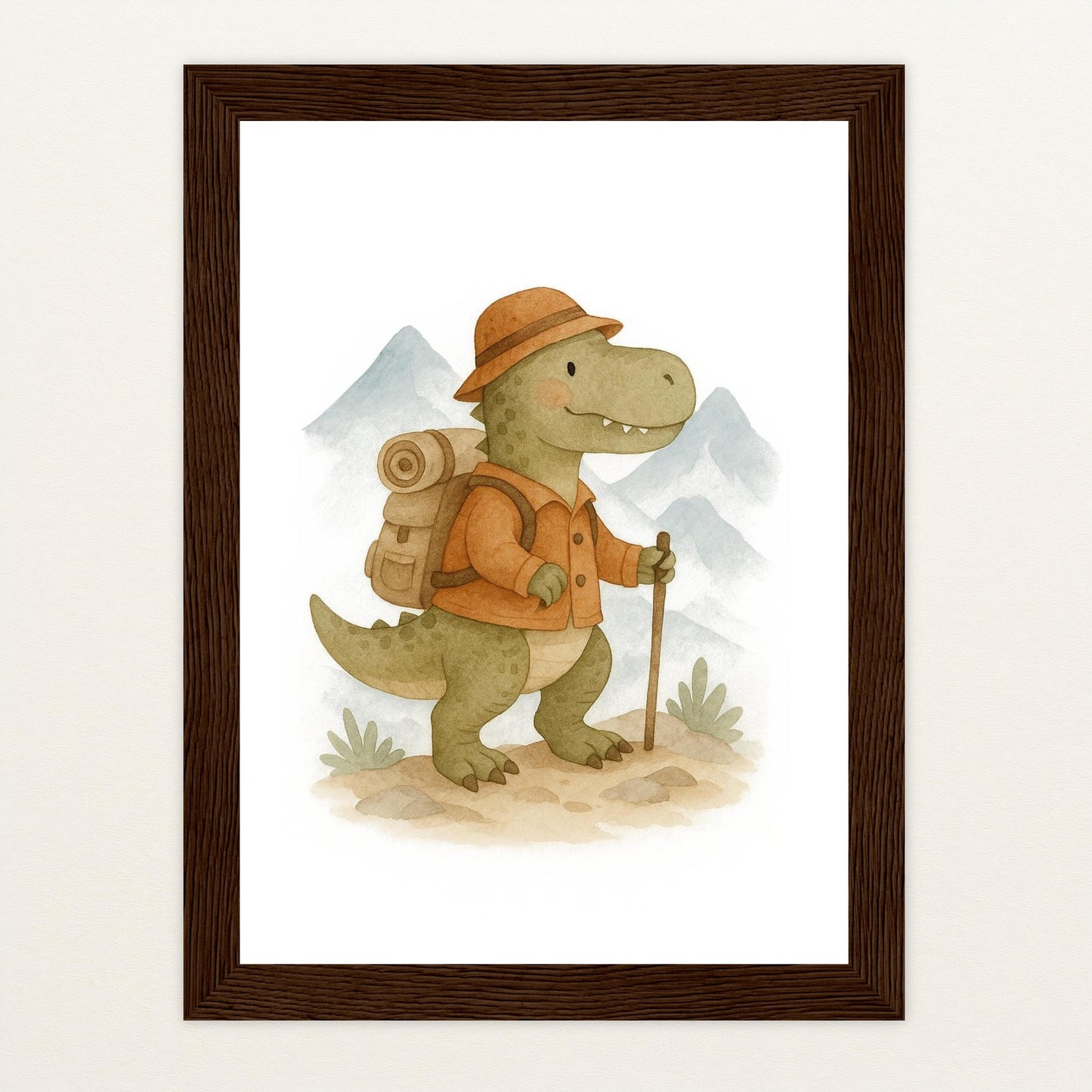 Dinosaurier T-Rex - Motiv: "Wandern" Poster mit Holzrahmen von tinylearner