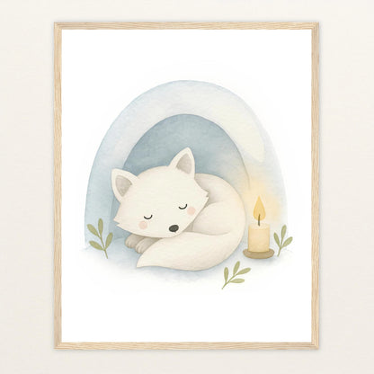 Pino der Polarfuchs - Motiv: "Schneehöhle" Poster mit Holzrahmen von tinylearner
