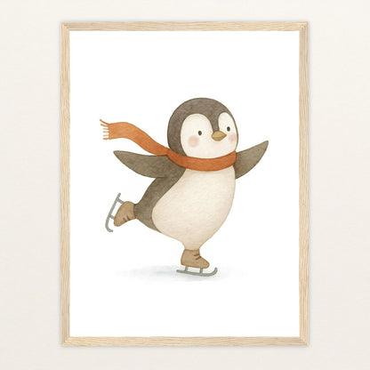 Pia der Pinguin - Motiv: "Eislaufen" Poster mit Holzrahmen von tinylearner