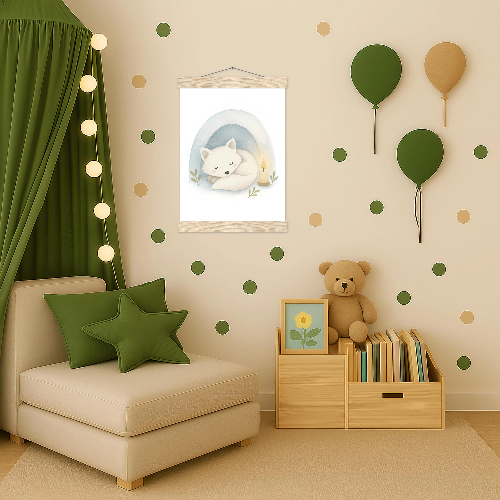 Pino der Polarfuchs - Motiv: "Schneehöhle" Poster mit Leisten von tinylearner