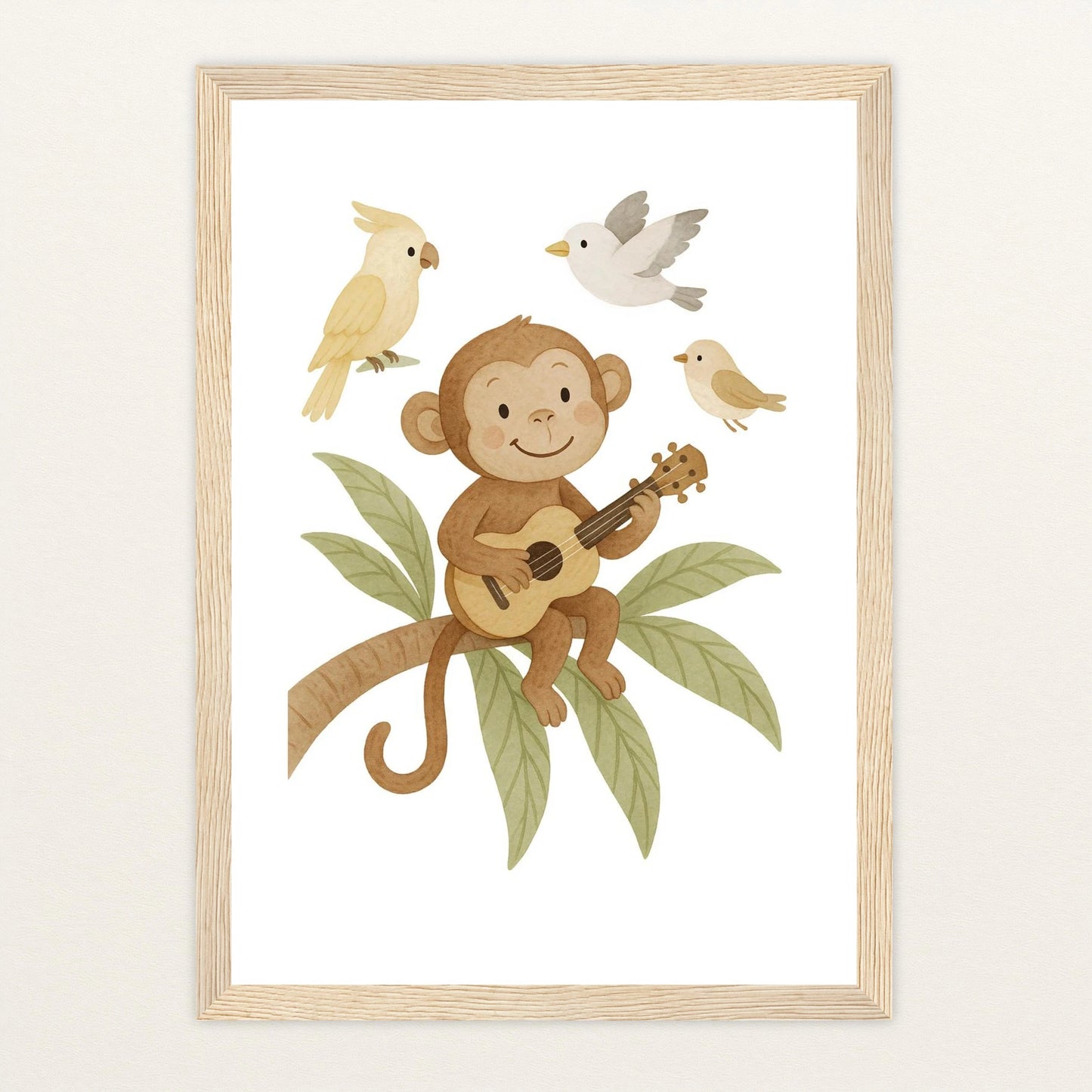 Aki der Affe - Motiv: "Ukulele" Poster mit Holzrahmen von tinylearner