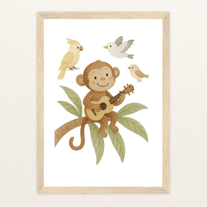 Aki der Affe - Motiv: "Ukulele" Poster mit Holzrahmen von tinylearner