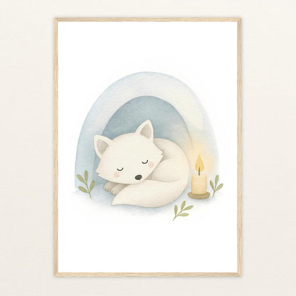 Pino der Polarfuchs - Motiv: "Schneehöhle" Poster mit Holzrahmen von tinylearner
