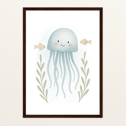 Quinn die Qualle Poster mit Holzrahmen von tinylearner