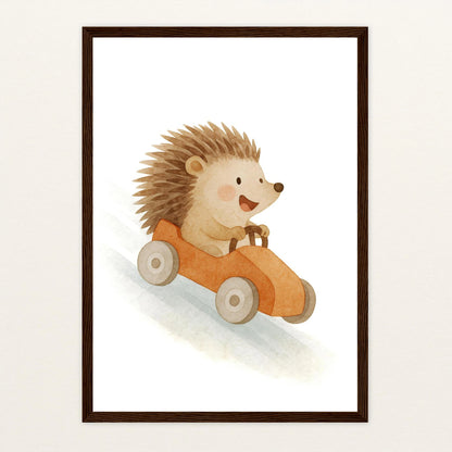 Iggi der Igel - Motiv: "Rennwagen" Poster mit Holzrahmen von tinylearner