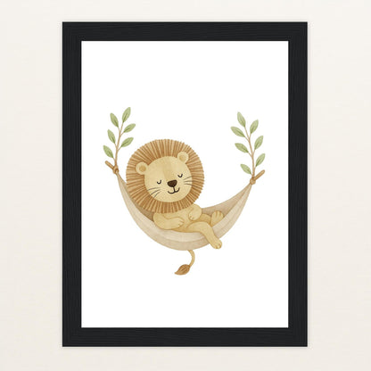 Leo der Löwe - Motiv: "Hängematte" Poster mit Holzrahmen von tinylearner