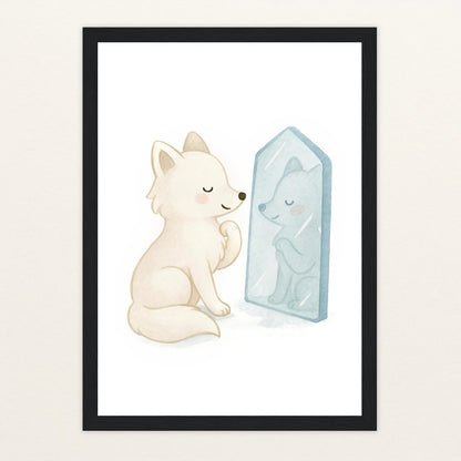 Pino der Polarfuchs - Motiv: "Spiegel" Poster mit Holzrahmen von tinylearner