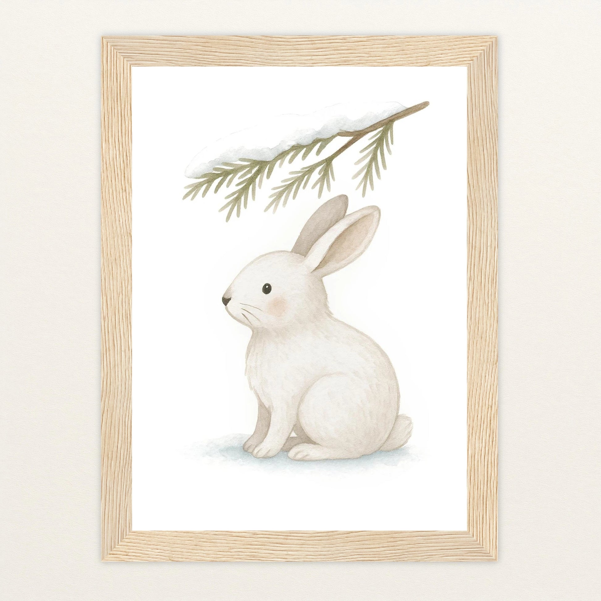 Sina der Schneehase - Motiv: "Nadelzweig" Poster mit Holzrahmen von tinylearner