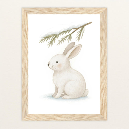 Sina der Schneehase - Motiv: "Nadelzweig" Poster mit Holzrahmen von tinylearner
