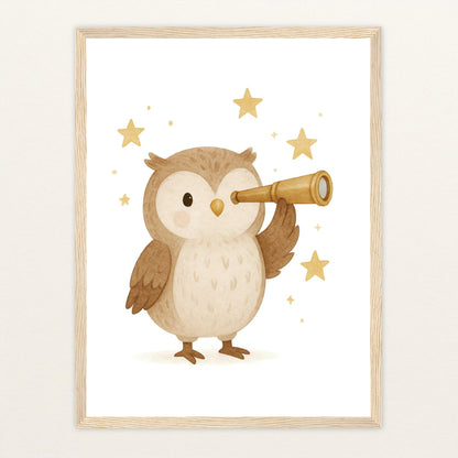 Emmi die Eule - Motiv: "Fernglas" Poster mit Holzrahmen von tinylearner