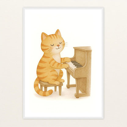Kira die Katze - Motiv: "Klavier" Poster mit Holzrahmen von tinylearner