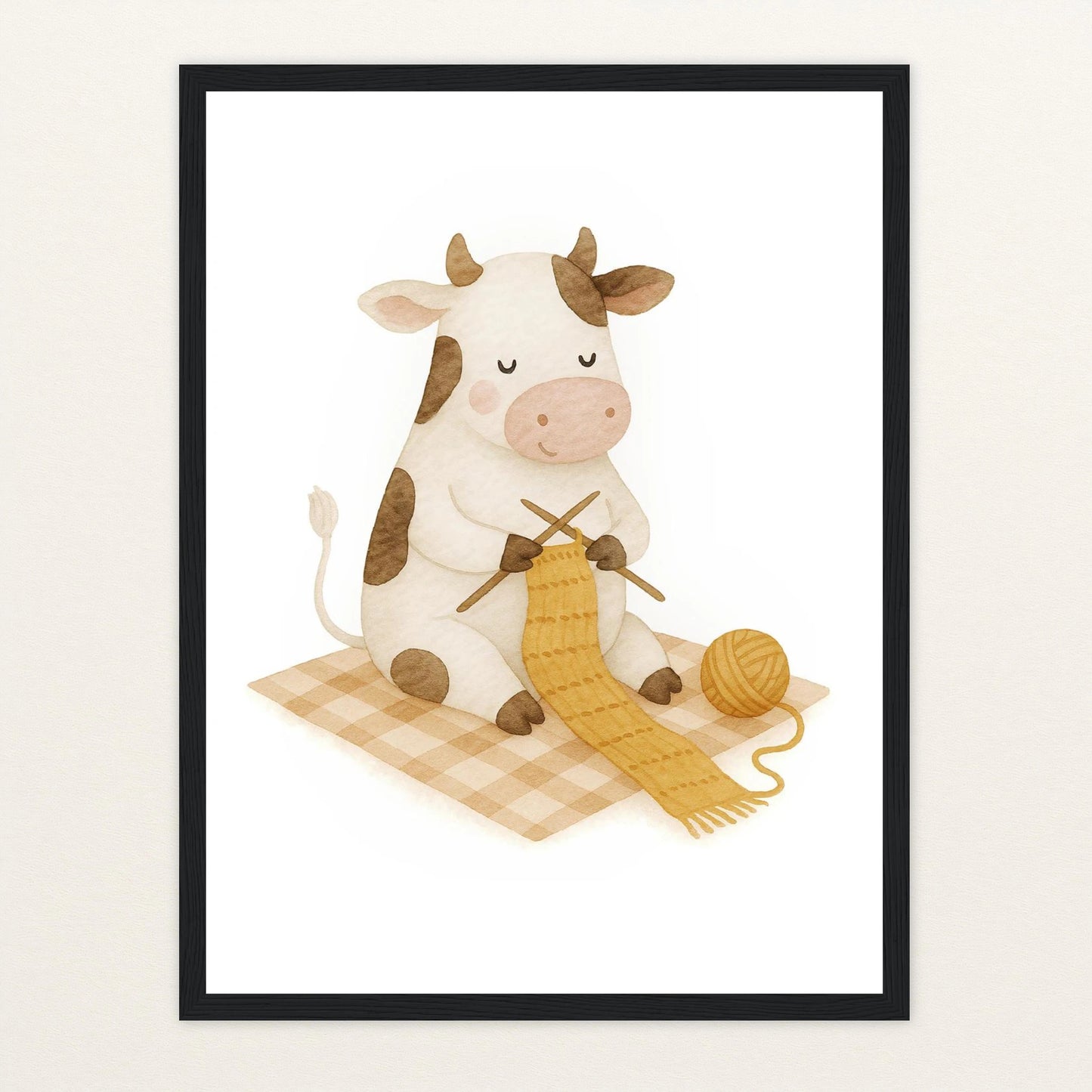 Klara die Kuh - Motiv: "Häkeln" Poster mit Holzrahmen von tinylearner