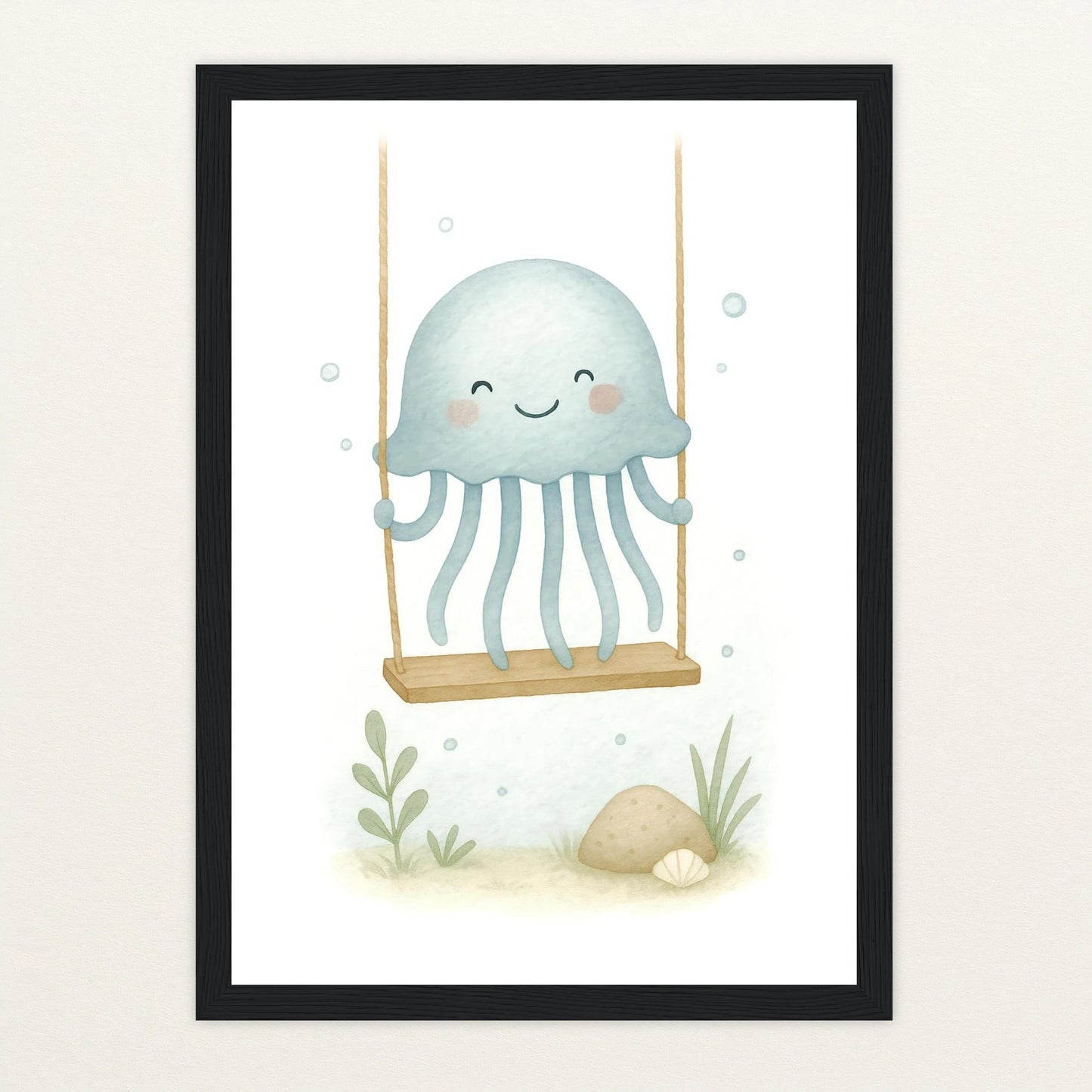 Quinn die Qualle - Motiv: "Schaukel" Poster mit Holzrahmen von tinylearner