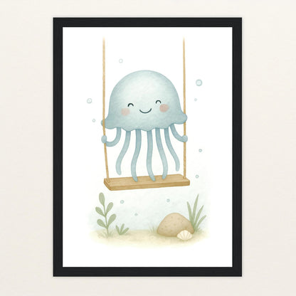 Quinn die Qualle - Motiv: "Schaukel" Poster mit Holzrahmen von tinylearner