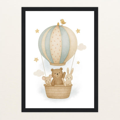 Tierfreunde - Motiv: "Heißluftballon" Poster mit Holzrahmen von tinylearner