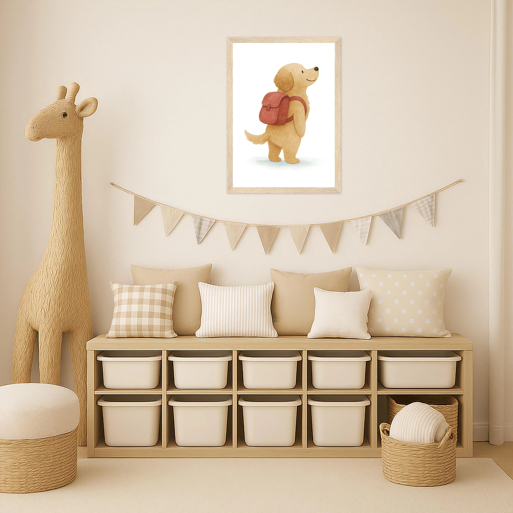 Hugo der Hund - Motiv: "Rucksack" Poster mit Holzrahmen von tinylearner