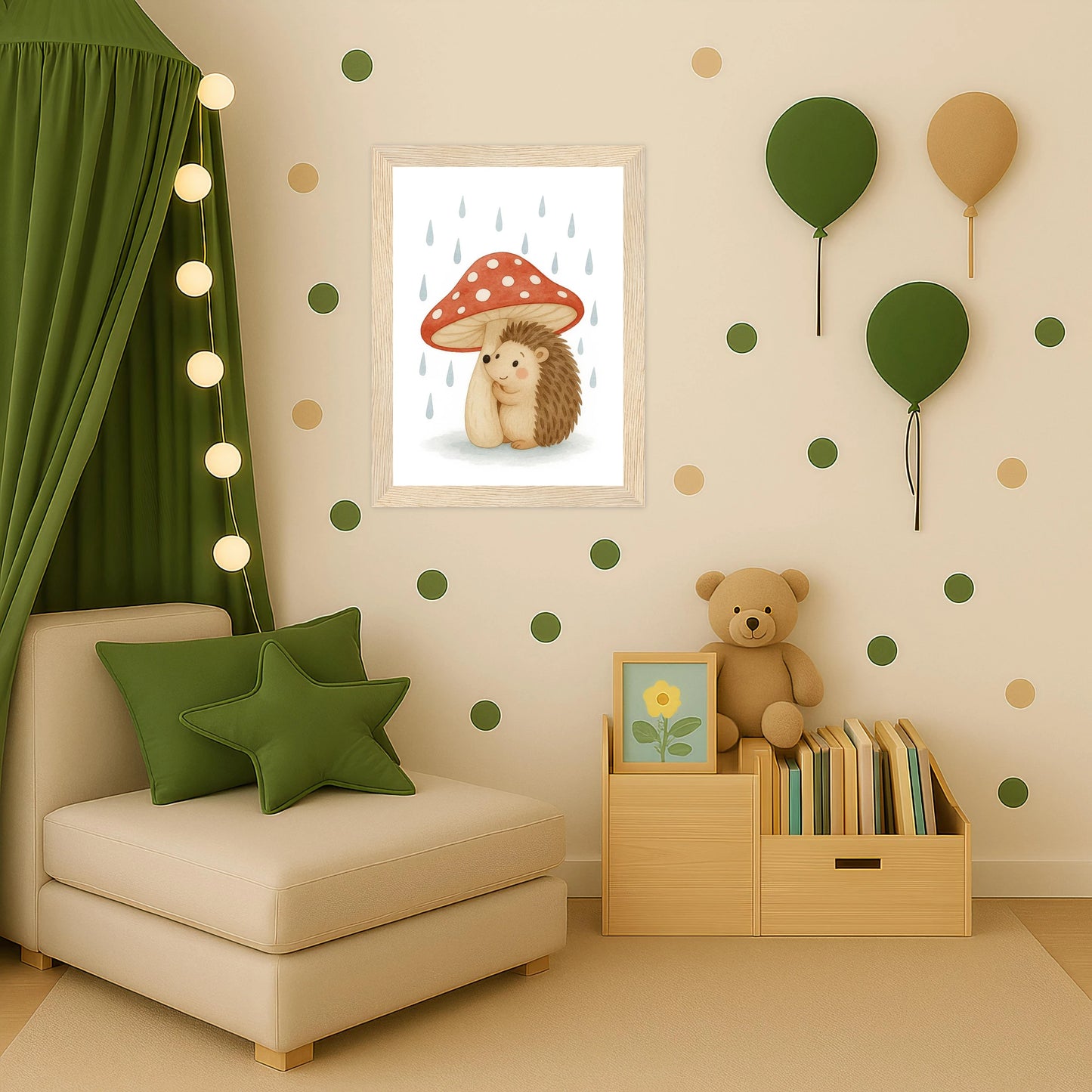 Iggi der Igel - Motiv: "Regen" Poster mit Holzrahmen von tinylearner