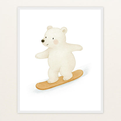 Pummel der Polarbär - Motiv: "Snowboard" Poster mit Holzrahmen von tinylearner